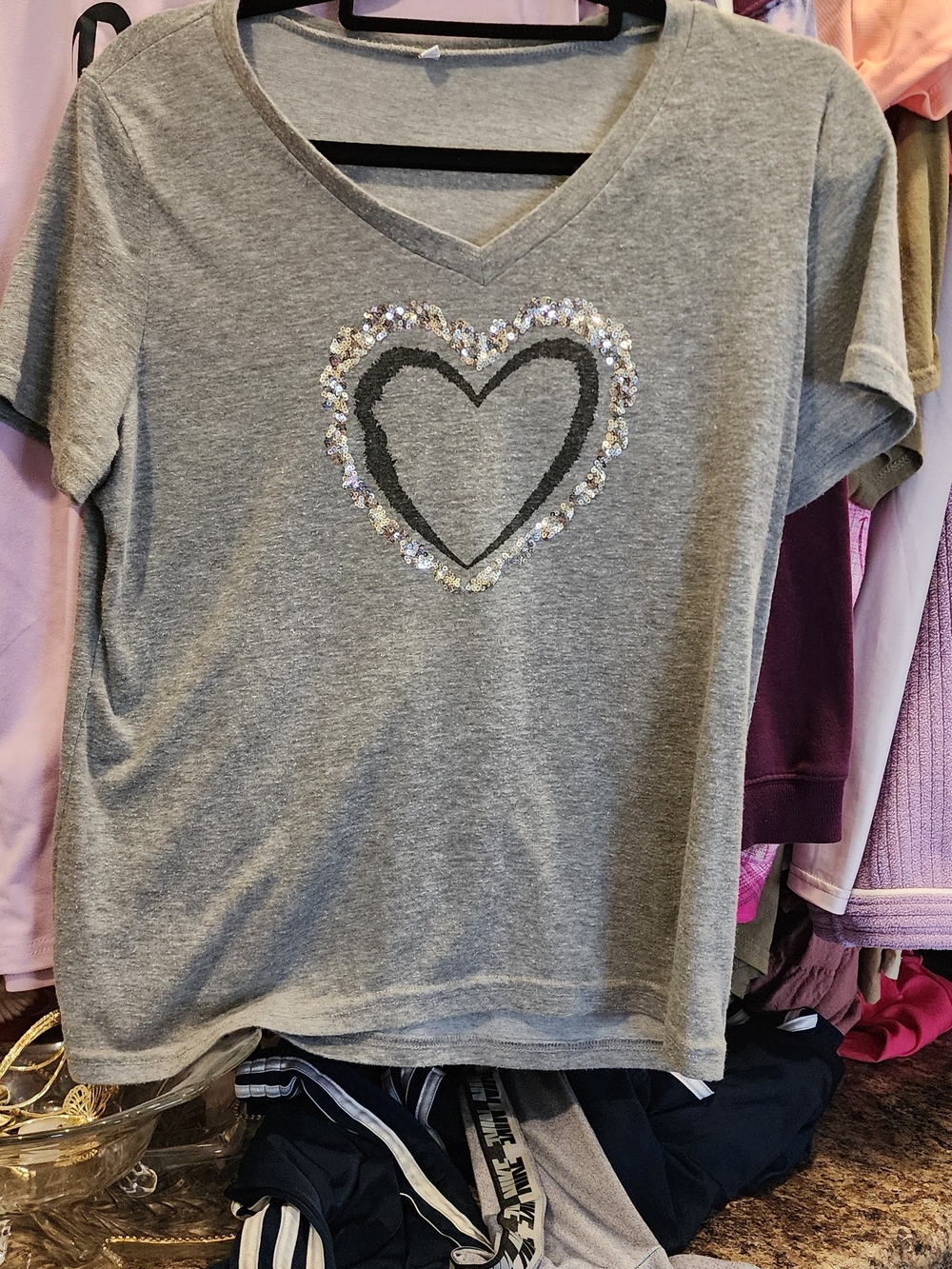Gray Sequin Heart V-Neck Women's Top XL New Without Tags